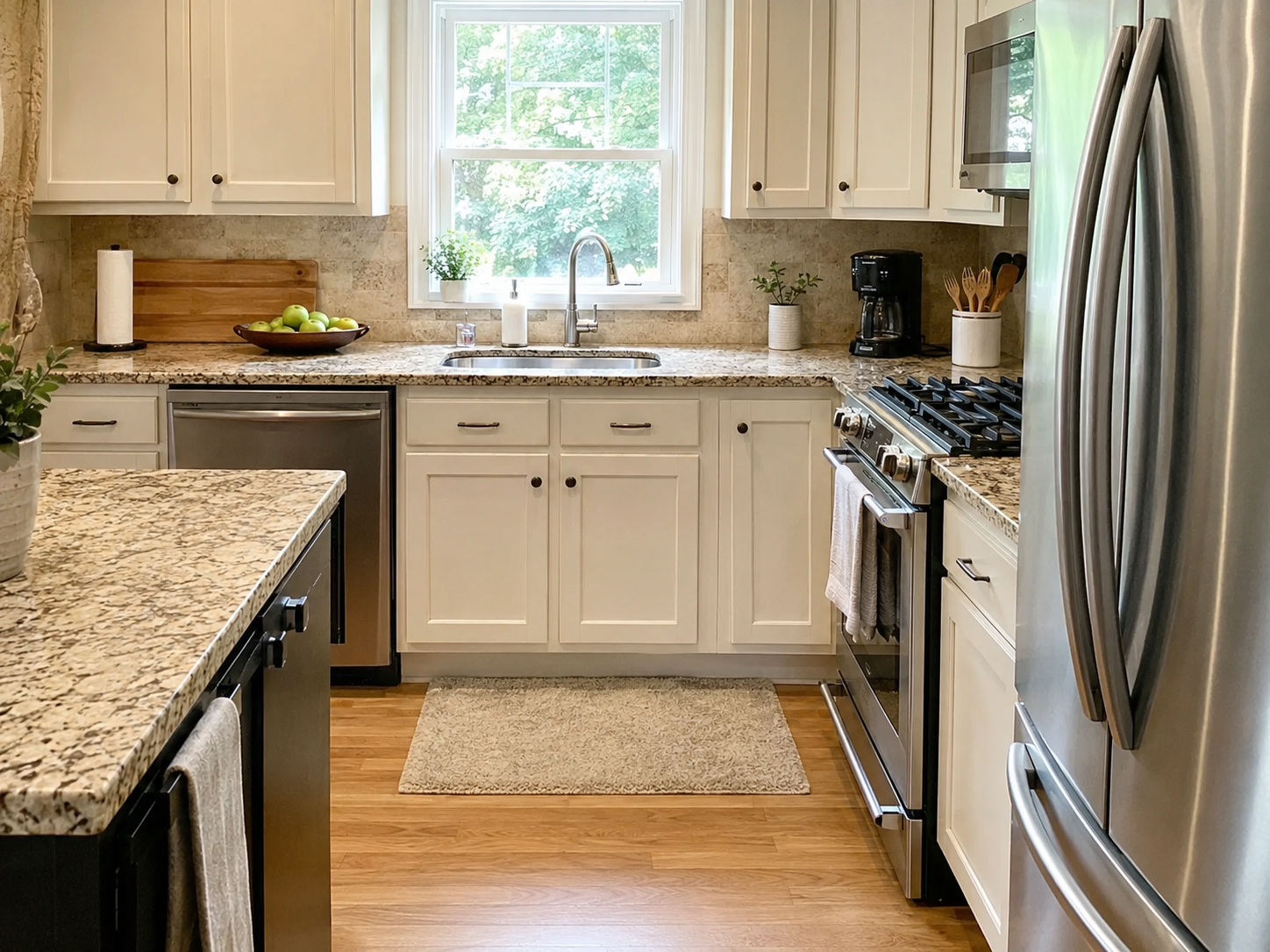 Kitchen with sink, dishwasher, stove and refrigerator