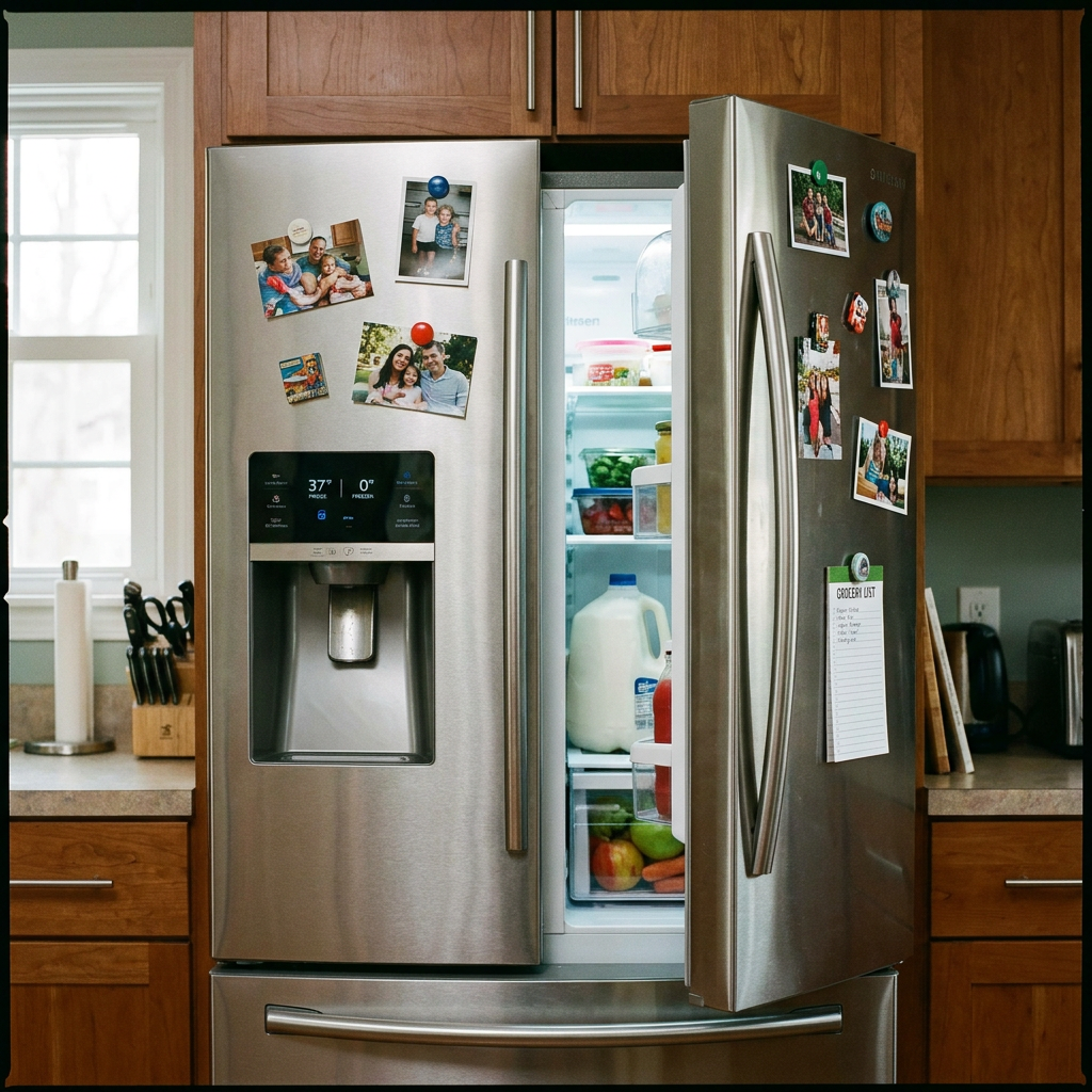 Stainless steel refrigerator with open doors in a family kitchen